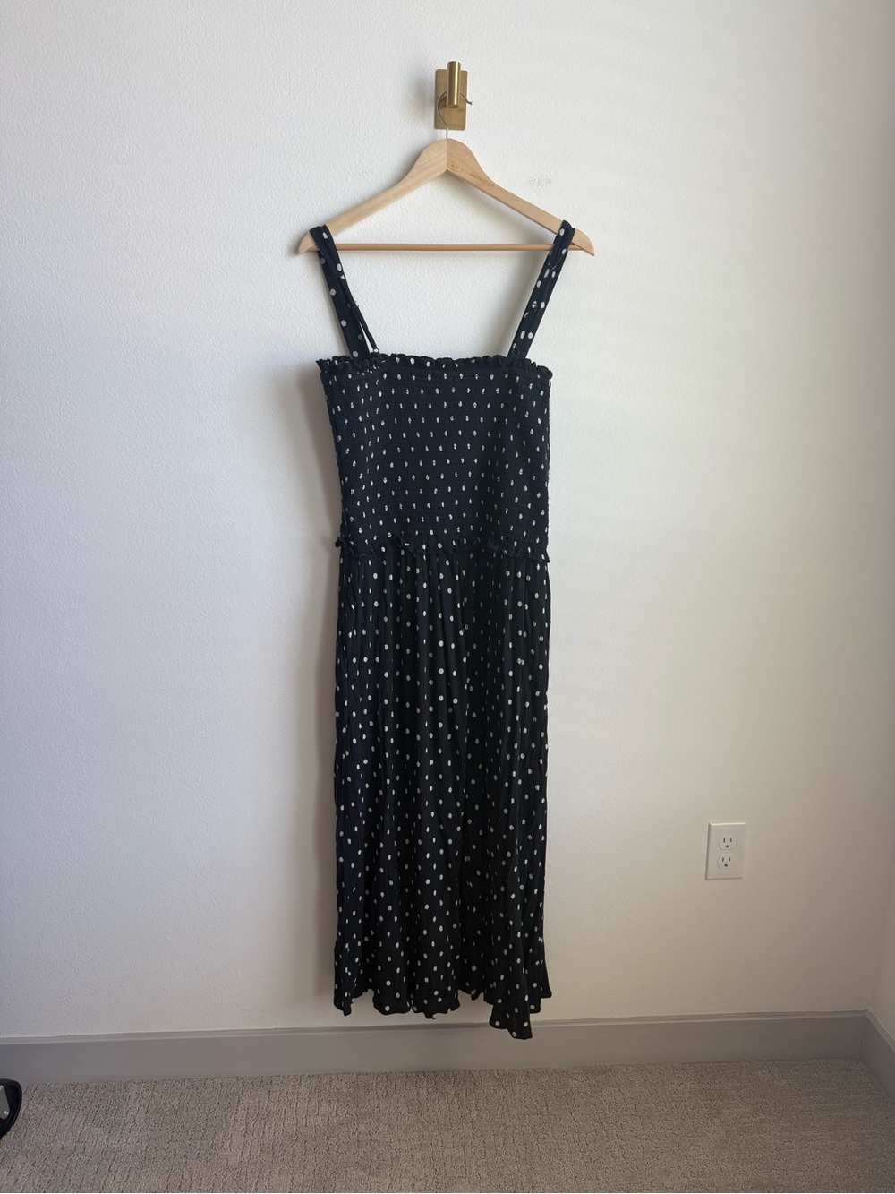 Aerie At the Barre Smocked Midi Dress Black White Polka Dot Pockets XL - Picture 14 of 15